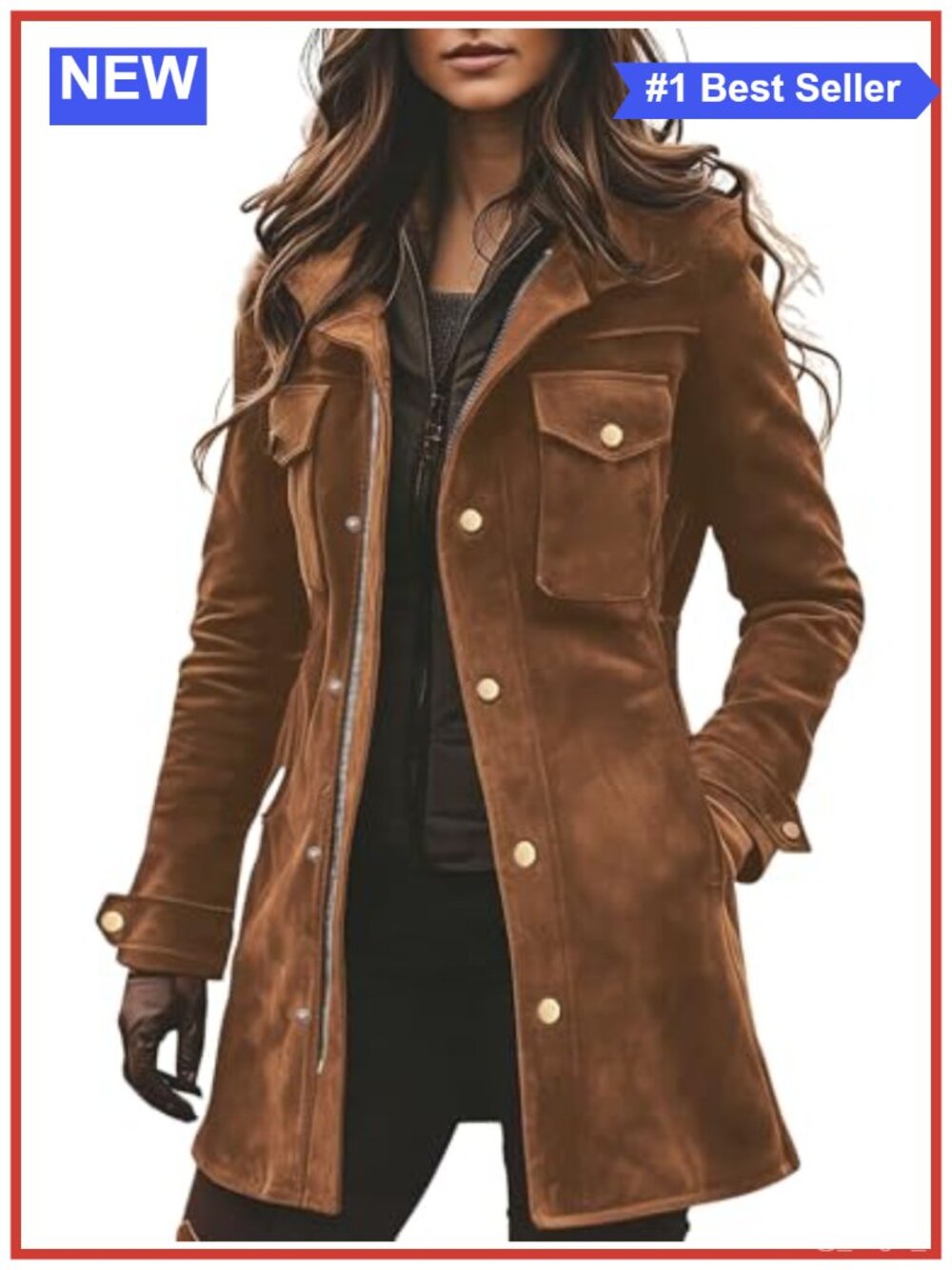 Faux Suede Midi Long Shacket Zip Up Military Utility Jacket